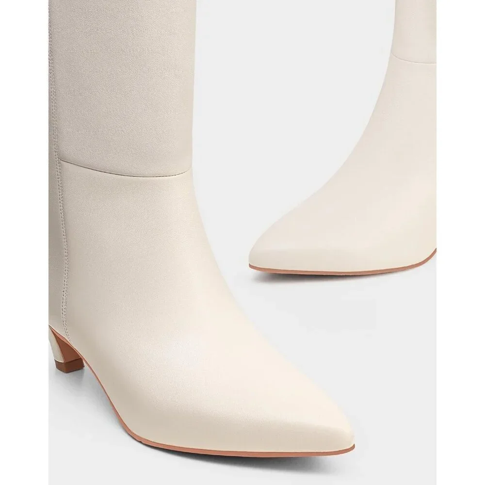 Women White Polyurethane Over the Knee Square Toe Block Heel Long Zipper Boots